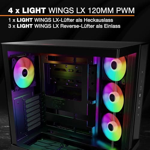 be quiet! Light Base 500 LX Black PC-Gehäuse, vollständig verglaste Front- und Seitenpaneele, Show Case, Dual Chamber Design, ARGB-Lüfter-Hub, 4 Light Wings LX PWM-Lüfter, rückseitiges Anschlussdesign Bild 7