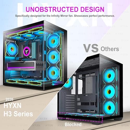 H1 ATX PC Gehäuse – Vorinstallierte 7 Infinity Mirror PWM ARGB Lüfter, Dual Kammer Mid Tower Gaming PC Gehäuse, mit Type-C, gleichzeitige Installation von 3X 360 mm Kühler (schwarz-M, H1) H1 schwarz-M Bild 4