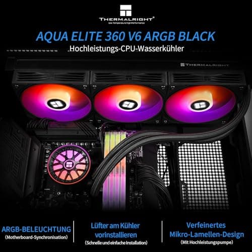 Thermalright AQUA ELITE 360 V6 ARGB Black CPU Flüssigkeitskühler, 360 Kühlreihengröße, 3x120mm Wasserradiator, AMD: AM4/AM5, Intel LGA115X/1200/1700/1851, AIO CPU Kühler 360mm Black Bild 3