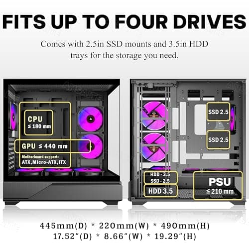 ANSAITE ATX PC-Gehäuse 6×120 mm ARGB PWM-Lüfter vorinstalliert ，Mid-Tower Gaming PC-Gehäuse, Panorama-Gehärtetes Glas Schwarz Computer-Gehäuse mit Typ-C, 360mm Radiator Unterstützung (Schwarz) violett Bild 4