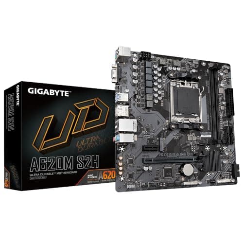 GIGABYTE A620M S2H Motherboard - Unterstützt AMD Ryzen 8000 CPUs, 5+2+2 Phasen Digital VRM, bis zu 7200MHz DDR5 (OC), 1xPCIe 4.0 M.2, GbE LAN, USB 3.2 Gen 1