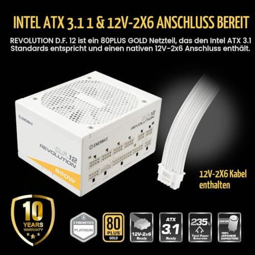 ENERMAX Revolution D.F. 12 ATX3.1 PCI-e 5.1 Ultrakompakt 850W Netzteil 80Plus Gold Snow White (Vollmodular, 50% Semi-Fanless, 12V-2x6); ETV850G-W, weiß Bild 4