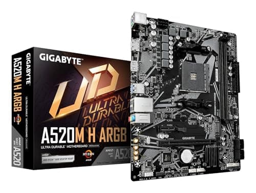 GIGABYTE A520M H ARGB Mainboard – Unterstützt AMD Ryzen 5000 Prozessoren, bis zu 5100 MHz DDR4 (OC), PCIe 3.0 x4 M.2, 1-GbE-LAN, USB 3.2 Gen 1