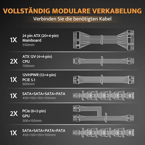 darkFlash PMT750 Vollmodulares ATX 3.1-Netzteil, 80 Plus Gold Effizienz, PCIe 5.1 & 12VHPWR-Unterstützung, 100% Japanische 105°C-Kondensatoren, Kompakte 150-mm-Bauweise (Weiß) 750 Watts Weiß Bild 8