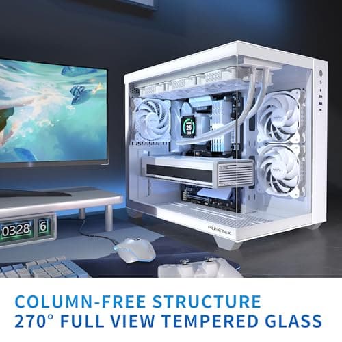 MUSETEX PC Gehäuse ATX,360MM Rad-Unterstützung, Typ-C Gaming PC CASE, 270° Full View Tempered Glass Mid Tower PC-Gehäuse 3 Non-LED-Lüfter vorinstalliert,reinweißes ATX Computer Gehäuse, Y6 42T x 29,5B x 36,8H cm Bild 4