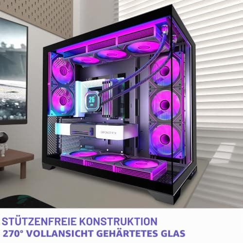 KEDIERS PC Gehäuse Vorinstallierter 5 × 120MM Schwarz Lüfter, ATX Mid Tower PC Gehäuse, Computergehäuse mit Panoramaaussicht Gehärtetes Glas Front Panel,Schwarz/Walnussholz,Neue P6-Version Bild 6
