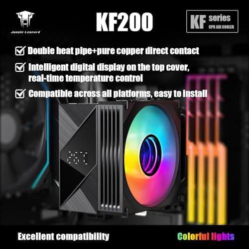 TZMRIT KF200 2 Heat Pipes Bunte LED CPU Kühler Schwarz,3PIN 2200RPM 34CFM 9CM Lüfter,für LGA115X/1200/17XX/1366,für FM1/FM2/AM2/AM3/AM4/AM5 Black Bild 4