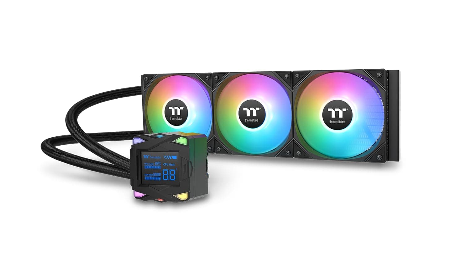 Thermaltake LA360-S ARGB Sync AIO Wasserkühlung 360mm – 2,4" Segment-LCD Display Wasserblock für CPU Temperatur und Auslastung, 3×120mm PWM ARGB Lüfter bis 2500 RPM, Intel/AMD (LGA1700/AM5), Schwarz