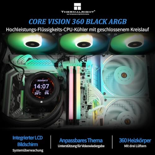 Thermalright CORE VISION 360 Schwarz ARGB-360mm AIO CPU-Flüssigkeitskühler, IPS LCD-Bildschirm mit 480 * 480 Auflösung,für AM4/AM5/Intel 1700/1851,'2.1 Zoll'Magnet-Absorber LCD-Bildschirm für Bilder CV360 BLACK ARGB Bild 4