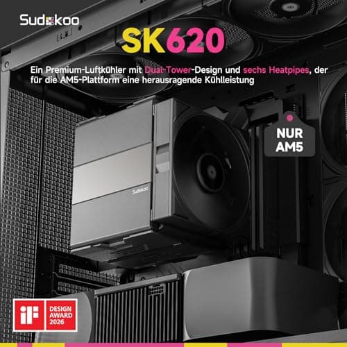 Sudokoo SK620 CPU Kühler AM5 : PC Lüfter mit Dual Tower für AM5 Exklusiv & 6 Heatpipes - CPU Cooler mit Zwei 120mm FDB PWM Lüfter - Luftkühler, Einfache Montage, 5 Jahre Garantie, Schwarz SK620 Schwarz Bild 4