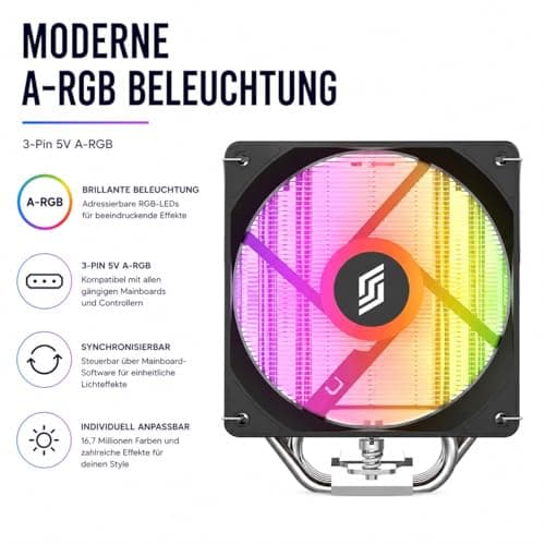 Bora RGB CPU-Luftkühler, 5 Kupfer-Heatpipes, 120mm leiser PWM Lüfter mit Hydro-Lager, A-RGB Beleuchtung, TDP bis 215W, Kompatibel mit Intel LGA 115X/1200/1700/1851 und AMD AM4/AM5 Bild 4