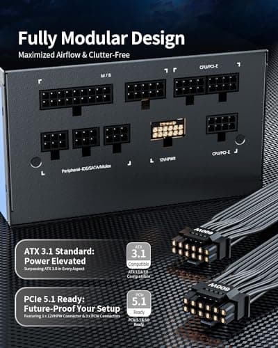 Superer 850W Netzteil PC PSU ATX 3.1 PCIE 5.1 12VHPWR Computer Gaming Leise Schwarz für GPU 4090 4080 4070Ti 7900XTX 3900, Leiser FDB Lüfter Bild 4