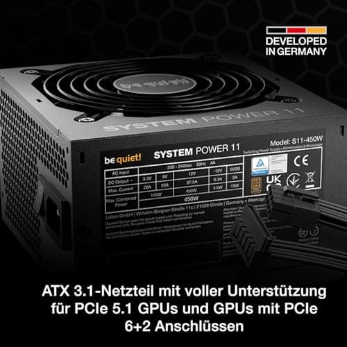 be quiet! System Power 11 450W Netzteil, ATX 3.1-Netzteil, volle Unterstützung für PCIe 5.1 GPUs, 120mm be quiet! Lüfter, Starke 12V-Leitung, DC/DC-Wandler, 80 Plus® Bronze Effizienz Bild 4