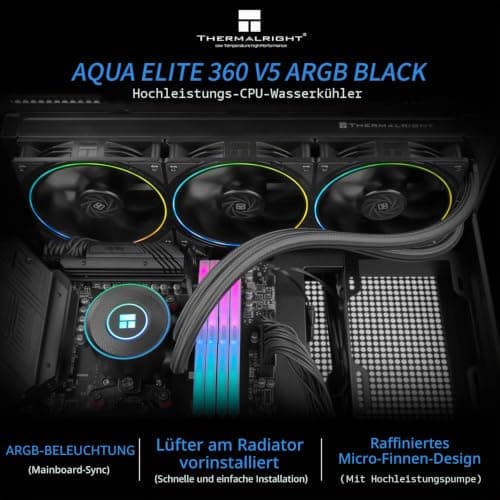 Thermalright Aqua Elite 360 V5 ARGB Black CPU-Flüssigkeitskühler, 360 mm Kühlkörpergröße, 3x TL-S12 PWM Lüfter, für AM4/AM5, Intel LGA115X/1200/1700/1851, AIO CPU-Kühler 360mm Schwarz Bild 4