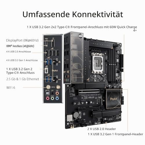 ASUS PROART B760-CREATOR WiFi Mainboard Sockel Intel LGA1700 (ATX, PCIe 5.0, DDR5 Speicher, WiFi 6, 3X M.2, USB 3.2 Gen2x2, für Content Creator) Bild 4