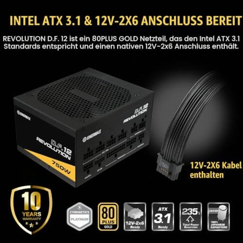 ENERMAX Revolution D.F. 12 ATX3.1 PCI-e 5.1 Ultrakompakt 750W Netzteil 80Plus Gold (Vollmodular, 50% Semi-Fanless, 12V-2x6); ETV750G, schwarz Bild 4