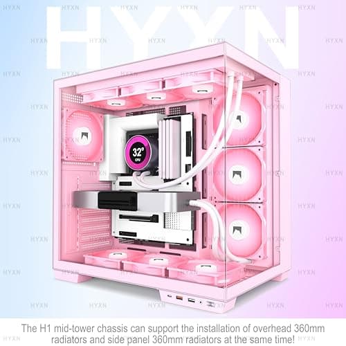 H1 ATX PC Gehäuse – Vorinstallierte 7 PWM ARGB Lüfter, Dual Kammer Mid Tower Gaming PC Gehäuse, mit Type-C, gleichzeitige Installation von 3X 360 mm Kühler (weiß, H1) H1 weiß Bild 5