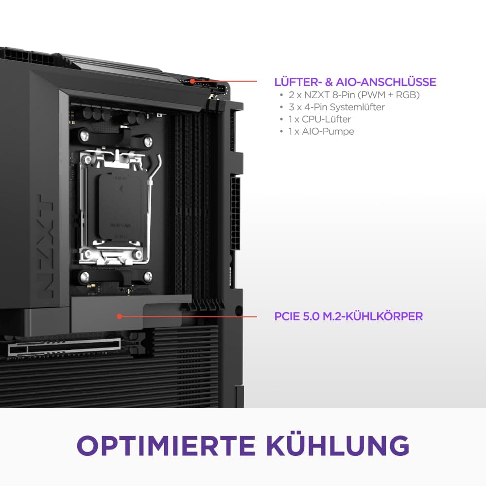 NZXT N7 B850 - AMD B850 AM5 ATX Gaming-Mainboard für Ryzen 9000/8000/7000 – 16+2+1, DDR5, 3X M.2, PCIe 5.0, Wi-Fi 6E, 2.5GbE LAN, USB 4 – M.2 NVME mit Schnellverschluss – Vollabdeckung – Schwarz Bild 5