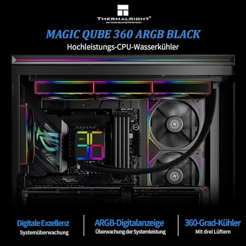Thermalright Magic Qube 360 ARGB Black CPU-Flüssigkeitskühler, 360 Aio CPU-Kühler, drei TL-M12Q PWM-Lüfter, Digitalanzeige-Kühlerkopf, für AM4/AM5, Intel LGA1851/1700/1150/1151/1200 Schwarz Bild 4