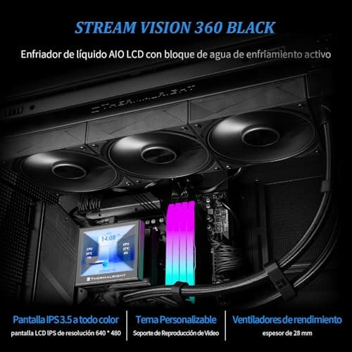 TR Stream Vision 360 Schwarz Aio CPU Kühler, 360 mm Radiator, 3,5 Zoll IPS Farb-LCD mit integriertem 60 mm Lüfter, Auflösung 640 x 480, magnetischer Kühlkopf-AM4/AM5-LGA1851/1700 BLACK Bild 4