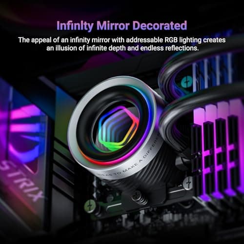 ID-COOLING FX240 INF 240mm Flüssigkeits-CPU-Kühler, AIO mit ARGB-Infinity-Spiegel-Effekt, 2x120mm Daisy-Chained Lüfter, leiser Betrieb bis 27,2 dB(A), Intel LGA1851/1700/1200/115X & AMD AM5/AM4. Bild 4