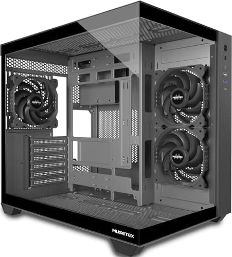 MUSETEX PC Gehäuse ATX, 3 Non-LED Lüfter vorinstalliert Gaming PC Gehäuse, 270° Full-View Tempered Glass PC Case mit Type-C, Mid Tower ATX Computer Gehäuse, Schwarz, Y6 42T x 29,5B x 36,8H cm Bild 2