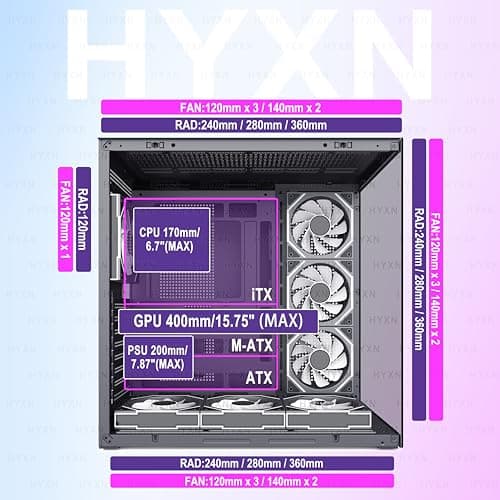 H1 ATX PC Gehäuse – Vorinstallierte 7 Infinity Mirror PWM ARGB Lüfter, Dual Kammer Mid Tower Gaming PC Gehäuse, mit Type-C, gleichzeitige Installation von 3X 360 mm Kühler (schwarz-M, H1) H1 schwarz-M Bild 8