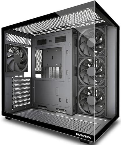 MUSETEX Y6 PC Gehäuse Vorinstallation 4 Nicht-LED-Lüfter, ATX Mid Tower Computer Gehäuse, ATX Gehäuse mit Type-C, 270° Full View Tempered Glass, Schwarz