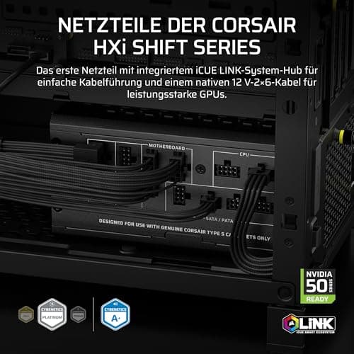 CORSAIR HX1000i Shift Vollständig Modulares ATX-Netzteil – Schwarz | Eingebauter iCUE LINK System Hub, Natives 12V-2x6 Kabel, ATX 3.1 & PCIe 5.1, Seitlich Montierte Stecker, Cybenetics Platinum 1000w Schwarz Bild 4