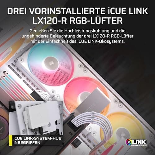 CORSAIR 3500X LX-R RGB iCUE LINK Panoramaglas Mid-Tower-PC-Gehäuse – 3 x LX120-R RGB-Lüfter und iCUE LINK System Hub Inklusive, GPU-Anti-Sag-Arm, Platz für bis zu 10 x 120-mm-Lüfter – Weiß Bild 6