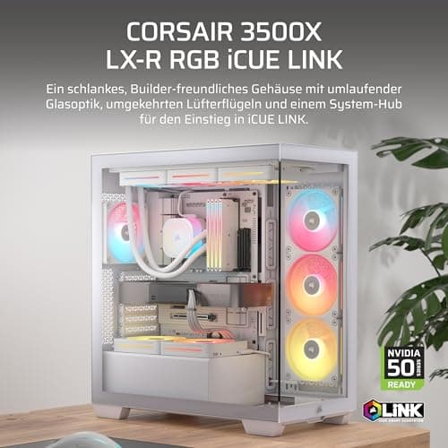 CORSAIR 3500X LX-R RGB iCUE LINK Panoramaglas Mid-Tower-PC-Gehäuse – 3 x LX120-R RGB-Lüfter und iCUE LINK System Hub Inklusive, GPU-Anti-Sag-Arm, Platz für bis zu 10 x 120-mm-Lüfter – Weiß Bild 4