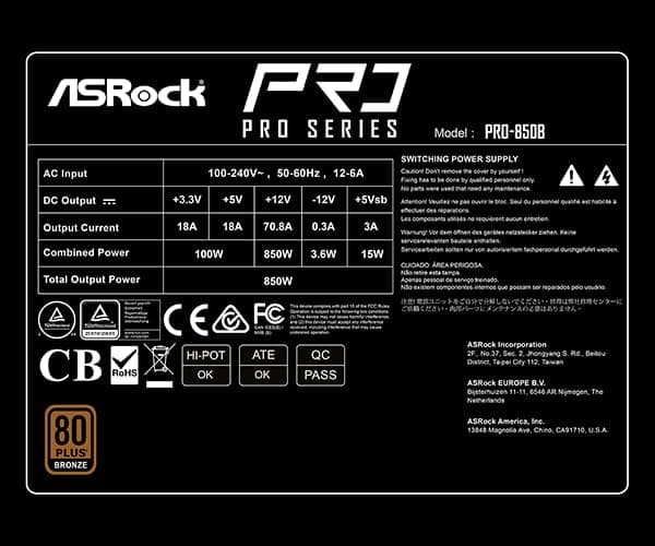 ASRock PRO-850B Netzteil, ATX 3.1, PCIe 5.1, 12V-2x6 Anschluss, 850W, 80 Plus Bronze, 120mm Lüfter, 140x150x86mm Bild 8