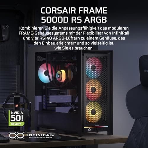 CORSAIR Frame 5000D RS ARGB Modulares Hohem Luftstrom Mid-Tower-PC-Gehäuse – 4X Vorinstallierte RS-Lüfter, InfiniRail-Lüfterbefestigungssystem, Kompatibel mit Reverse-Connector-Mainboards – Schwarz Bild 4