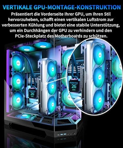 MUSETEX PC Gehäuse, Vertikale GPU-Montage Design, Vorinstallation 5 PWM ARGB Lüfter, 360MM Rad Support, ATX Mid-Tower Gaming PC-Gehäuse mit Type-C, 270° Panorama-Glas, Schwarz(GR3) Bild 4