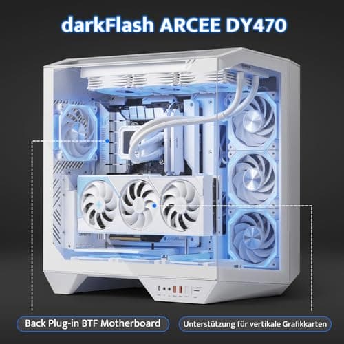 darkFlash Full-Tower ATX Gaming-PC-Gehäuse, Rückseitig Einsteckbares Motherboard, Zwei Kammern, Panorama-Glas, bis zu 2 x 360 mm Radiatoren, RTX 40-Kompatibel (DY470) (1 PWM-ARGB-Lüfter, Weiß) Weiß 1 PWM-ARGB-Lüfter Bild 8