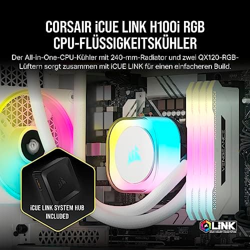 Corsair iCUE LINK H100i RGB Flüssig-CPU-Kühler - 240mm AIO - QX120 RGB-Lüfter - Passend Für Intel® LGA 1700, AMD® AM5 - iCUE LINK System Hub Enthalten - Weiß Bild 4