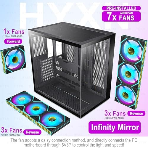 H1 ATX PC Gehäuse – Vorinstallierte 7 Infinity Mirror PWM ARGB Lüfter, Dual Kammer Mid Tower Gaming PC Gehäuse, mit Type-C, gleichzeitige Installation von 3X 360 mm Kühler (schwarz-M, H1) H1 schwarz-M Bild 6
