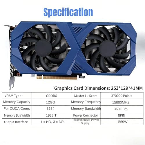 RTX 3060 12GB Gaming Grafikkarte (Nvidia GeForce) GDDR6 192 Bit, PCIe 4.0, 1x HDMI, 3X DisplayPort, 15000MHz, PC Grafikkarte mit Dual-Lüfter-Kühlung für Wins 7/8/10 Bild 6