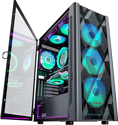 MUSETEX ATX PC Gehäuse Pre-Install 6 PWM ARGB Lüfter, Polygonal Mesh Computer Gaming Gehäuse, Öffnung gehärtetes Glas Seitenwand Mid-Tower Gehäuse, USB 3.0 x 2, Schwarz, NN8 Bild 2