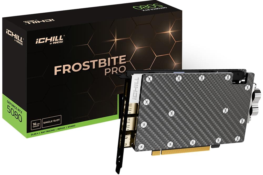 INNO3D NVIDIA GeForce RTX 5080 iCHILL Frostbite PRO 16GB GDDR7 Waterblock Graphics Card (Waterblock, 1 Slot, Reflex 2 RTX AI DLSS4)