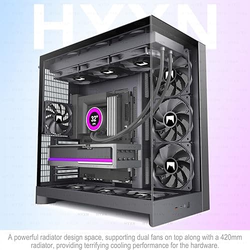 H2(2026) HYXN PC Gehäuse ATX mit 8 Lüfter(6X140 und 2X120) Groß Dual Kammer Mid-Tower Computer Gehäuse Airflow Gaming PC-Gehäuse,Unterstützt 420mm-Wasserkühler,Gaming Gehäuse (Black, H2) Black H2 Bild 4