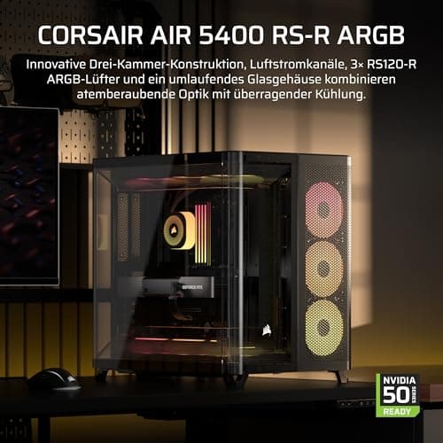 CORSAIR AIR 5400 RS-R ARGB Dreifach-Kammer-Mid-Tower PC-Gehäuse – 3X Vorinstallierte Reverse-Rotor RS120-R ARGB-Lüfter, Luftkanäle für Starke Kühlung, Reverse Motherboard-Unterstützung – Schwarz Bild 4