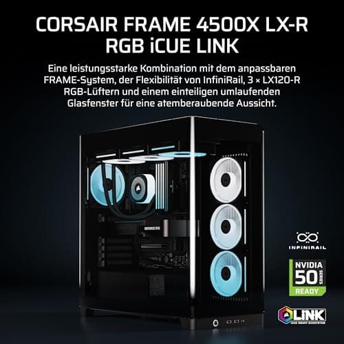 CORSAIR Frame 4500X LX-R RGB LINK Panoramaglas Mid-Tower-PC-Gehäuse – InfiniRail Lüftermontagesystem, Passend für Zwei 360 mm Radiatoren, GPU Anti-Sag, Enthält 3X LX120R RGB LINK Lüfter – Schwarz Bild 4