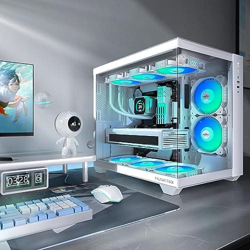 MUSETEX PC Gehäuse ATX,6 PWM ARGB Lüfter vorinstalliert,360MM Rad Unterstützung,Type-C Gaming Gehäuse,270° Full View Tempered Glass Mid Tower PC-Gehäuse,Reinweißes ATX Gehäuse,Y6 Bild 4