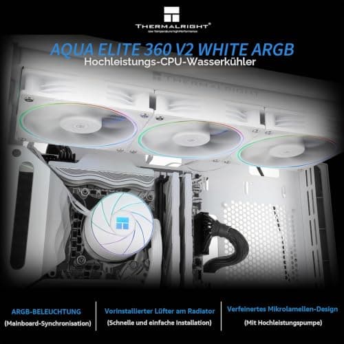 Thermalright AQUA ELITE 360 Weiß ARGB V2 CPU-Wasserkühler, 360 Aio CPU-Kühler, 3xTL-S12W PWM-Lüfter, S-FDB-Lager, ARGB-Feinblendeneffekt, für AM4/AM5, Intel LGA1150/1151/1200/1851/1700 360mm White Bild 4