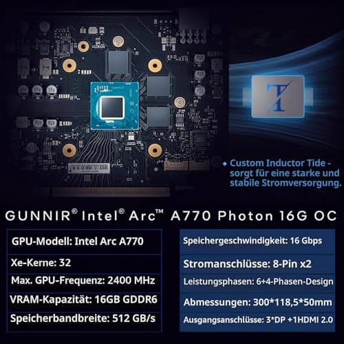 GUNNIR Intel Arc A770 Photon 16GB OC GDDR6 2400MHz Triple Fan Grafikkarte, 2400MHz GDDR6, 3xDP 2.0 + HDMI 2.0, Intel GPU für 4K Gaming & Content Creation & VR (Weiß) Bild 6