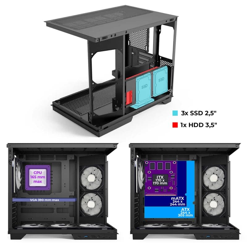 Spirit of Gamer - Viper CRX, Gaming PC Gehäuse Aquarium ATX/mATX/ITX, 6 ARGB PWM Lüfter, 270° Hartglas, LCD Display, Unterstützung für 360 mm Wasserkühlung, USB-C, Kabelmanagement, SPCC Stahl Schwarz Bild 8