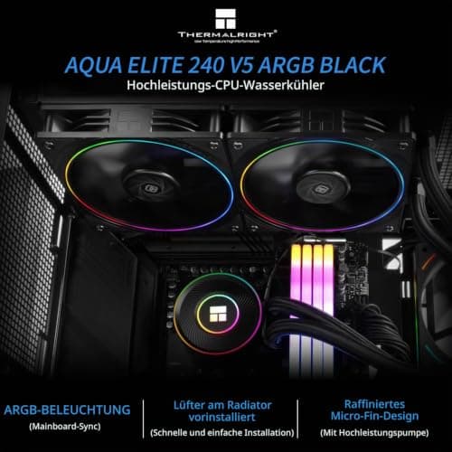 Thermalright Aqua Elite 240 V5 ARGB Black CPU-Flüssigkeitskühler, 240 mm Kühlkörpergröße, 2x TL-S12 PWM Lüfter, für AM4/AM5, Intel LGA115X/1200/1700/1851, AIO CPU-Kühler Bild 4