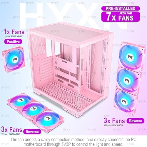 H1 ATX PC Gehäuse – Vorinstallierte 7 PWM ARGB Lüfter, Dual Kammer Mid Tower Gaming PC Gehäuse, mit Type-C, gleichzeitige Installation von 3X 360 mm Kühler (weiß, H1) H1 weiß Bild 7