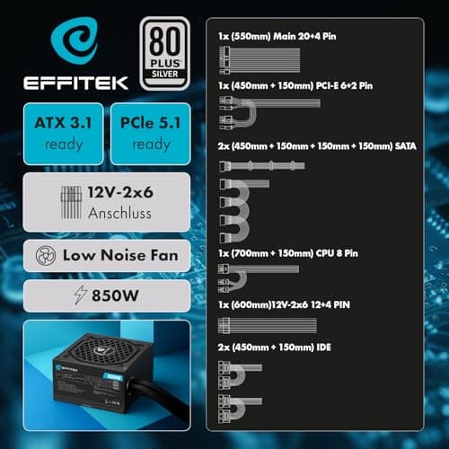 850 Watt Netzteil für PC Gaming ATX 3.1 und PCIe 5.1 kompatibel [Silber Serie] 80 Plus Silber I 12V Netzteil I für PC Gehäuse ATX I Power Supply I ATX Netzteil I 12V 2x6 Kabel GPU I leise Bild 4